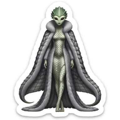 a Reptilian alien woman, in gray dress, in fur coat, full body sticker