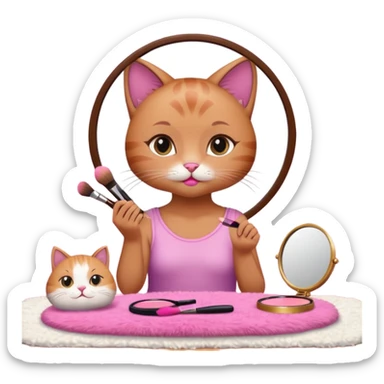 Show me a picture or a girl cat sitting in a cute room doing makeup into a pink little mirror sticker
