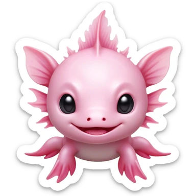 Cinematic Cute Axolotl Portrait Emoji, Head tilted playfully and inquisitively, featuring smooth, pale pink skin with delicate feathery gills and round, sparkling dark eyes filled with curiosity, Simplified yet irresistibly adorable features, highly detailed, glowing with a warm, magical glow, high shine, affectionate and quirky, stylized with a touch of whimsy, bright and endearing, soft glowing outline, capturing the essence of a mischievous yet charming aquatic friend, so playful it feels like it could swim out of the screen and into your heart! sticker