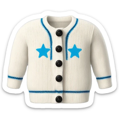 Knitted white cardigan with black detailing on the bottoms and sleeves and near the three buttons and three blue stars on each sleeve  sticker