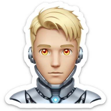 Cyborg male with blond hair, partly mechanical face, glowing eyes, white tech collar sticker