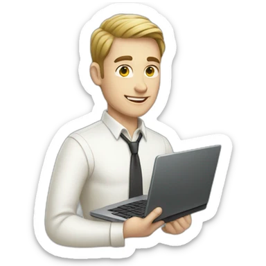 White male Python Dev holding Laptop sticker