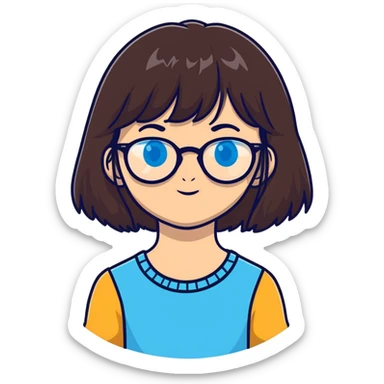 teenage girl with long dark brown hair, bangs, blue eyes, round glasses with thin black frames sticker