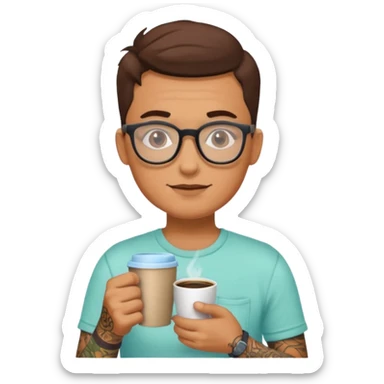 gözlük takan, dövmeli ve elinde kahve tutan, yaz kıyafetli insan. sticker