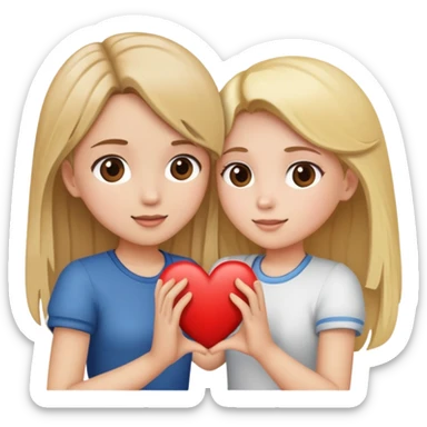 A girl with blonde hair and a girl with brown hair doing a heart sticker