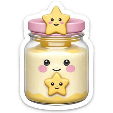Una miniatura fotorrealista de una mantequilla corporal batida en un tarro, decorada con una pequeña figura sólida en forma de flor o estrella en la parte superior. Estilo: postre, arte, colores vibrantes. sticker