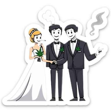 Person in fancy clothes sneaking into a wedding ceremony with a mischievous grin, uninvited guest, smoking cannabis sticker