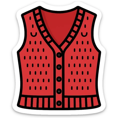 illustration of red Barry vest Sézane, visible knit texture, feminine cut, aligned buttons, transparent background, elegant and recognizable style for knitwear category sticker