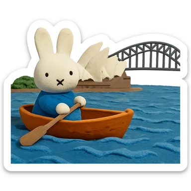 claymation style Miffy in a boat on Sydney Harbour sticker