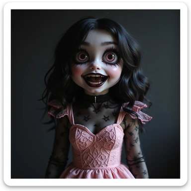 BLACKPINK inspired goth emoji, photorealistic style, black mesh, dramatic shadows, pale skin, gothic atmosphere, pink lace dress sticker