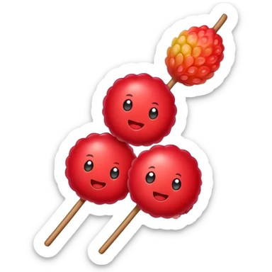 Sugar coated Chinese haws fruits crispy red snack, simplified emoji style with bold outlines and bright colors, cartoon style bingtang hulu on stick sticker