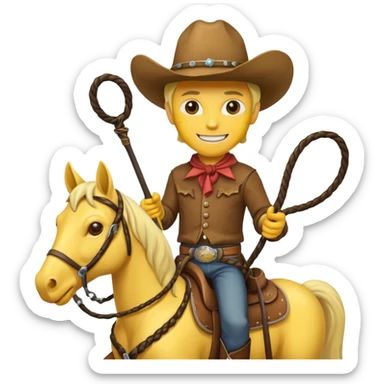 Cowboy riding a horse with whip. With yellow skin and smilling. Simplize it and I need a full pic with horse. Like I need the leg part too sticker