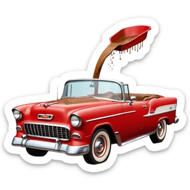 1955 Chevrolet Bel Air Convertible, Red-White color, with a bucket of brown mud pouring down on it, and the car itself is covered in brown mud on the sides that has stuck.32x32 pixels, aspect ratio: 1:1 sticker