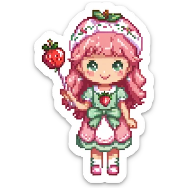 little girl in a strawberry shortcake dress, holding a candy wand, pastel background sticker