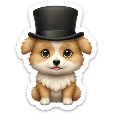 cute small dog with plain light tan fur, black nose, black round eyes, curly fluffy medium length hair, wearing a top hat sticker