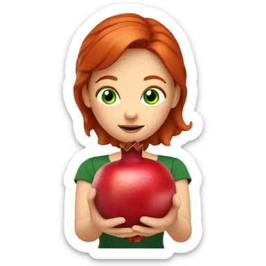 Redhead with green eyes, holding a pomegranate. 4k sticker