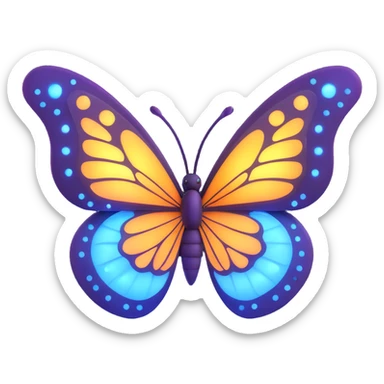 Add more decorations: more magical dust, glowing particles, and light effects around the butterfly. Maintain the 3D cartoon, elegant, fantasy style with a transparent background. sticker