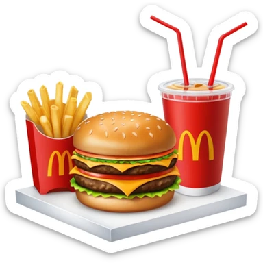 make a Luxe Cheeseburger Meal combo with cold drink inside that a straw and some ice cubes and beside some McDonald's fries box inside some thick fries

 with a angle to 15–20° gentle bird’s-eye angle  sticker