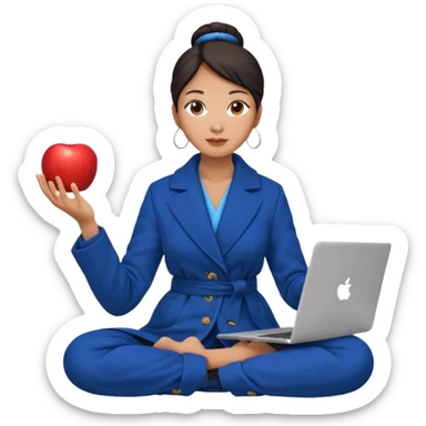 emoji of an asian woman with a single bun in a long blue coat sitting cross legged with dna levitating above one hand and an apple laptop above the other hand sticker