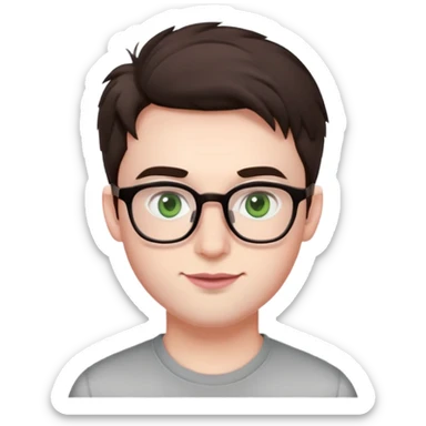 Young man with short but voluminous poofy dark brown hair, green eyes wearing glasses, wide face with eyes set apart, bigger ears, very pale skin, slightly bigger nose, fuller darker pink lips with a smile, and very light stubble sticker