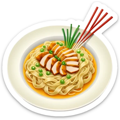 A plate of noodles with yellow sauce and chicken at the top sticker