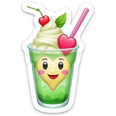 clear emoji-style of a green soda float with ice, vanilla ice cream scoop, two red cherries, pink heart-shaped straw, simple shapes, bright colors, glossy, kawaii style, centered, transparent background
 sticker