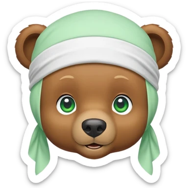 Cute brown bear head with green eyes wearing a white durag, hip style, iOS emoji style sticker