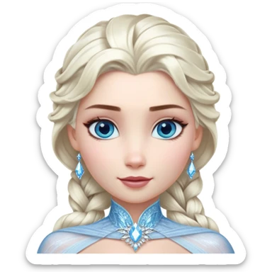 Cinematic Realistic Elsa Portrait, depicted with lifelike skin texture, soft natural lighting, and intricately detailed platinum blonde hair styled elegantly. Her striking, expressive blue eyes exude confidence and grace, complemented by a serene and regal expression. She is dressed in her signature icy attire, with shimmering fabric textures and delicate folds that catch the light beautifully. The portrait features a soft, enchanting glow with a cool, radiant finish, capturing the essence of timeless elegance in a realistic and painterly style, evoking a sense of depth and authenticity. sticker