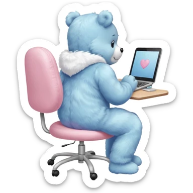 Care bear back view, sit on a chair, working on a computer sticker