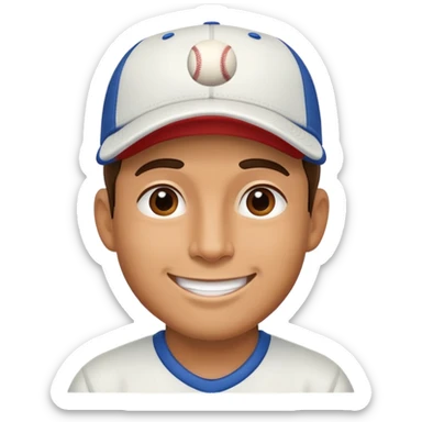 man with a baseball cap, happy face sticker