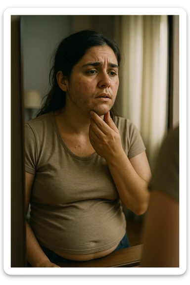 A realistic, cinematic portrait of a young woman in her late 20s standing in front of a mirror, visibly concerned while touching her chin and jawline where small dark facial hairs are noticeable, indicating hirsutism. Her skin appears oily, with a few cystic acne spots on her cheeks and jaw, and her dark hair is slightly greasy, indicating increased sebum production due to androgen excess. Her body shows mild abdominal bloating, and she looks at herself with a mix of frustration and sadness, capturing the emotional struggle linked to PCOS. The scene is set in a softly lit bedroom or bathroom with neutral daylight, with a clear mirror reflection to emphasize self-observation and discomfort. Style: realistic 35mm cinematic look, soft focus on her face and hair details, warm tones to keep it human and relatable sticker