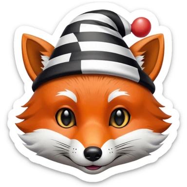 Renard fou avec des rayures noires et blanches portant un minuscule chapeau de clown sur la tête sticker