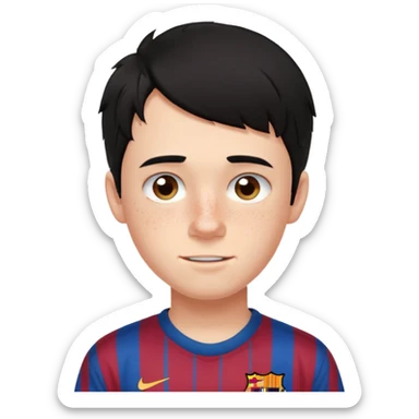 Un chico con pelo liso, demasiado pelo desordenado y negro, tiene pecas, brackets, ojos cafés oscuros y con una camisa del Barcelona sticker
