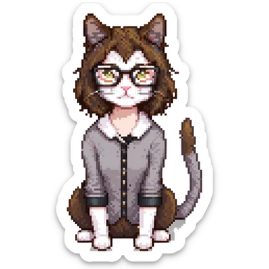 Cat-lady with dark brown hair, square glasses, hazel eyes, and pale skin sticker