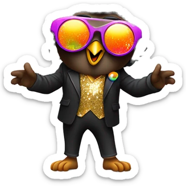  A cute short stubby brown owl with a black Afro and disco sun glasses and a colorful disco suit doing a pose with one finger in the air full body dance sticker