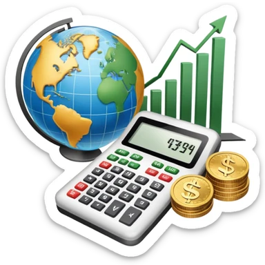 An icon featuring a calculator, a dollar sign, and a chart with upward trends, symbolizing economics. The design includes coins, bills, and a globe, representing global trade and financial systems. Transparent background highlights the study of markets, supply, and demand. sticker