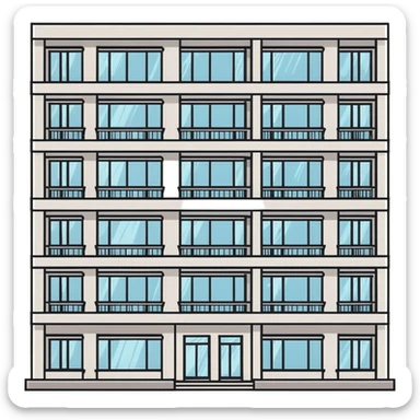 Soviet-era panel apartment building with rows of identical windows, gray concrete facade, flat roof, typical Russian multi-story residential building sticker