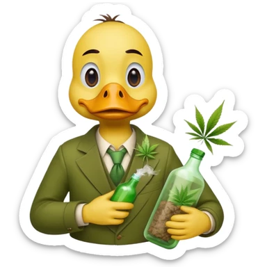 Drunk and high duck animal holding weed bottle and a bag of weed. Looking sloshed sticker