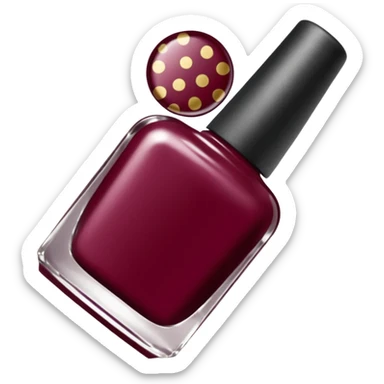 burgundy nail polish bottle, nail polish has light gold iridescence, cap is black with white polka dots, cinematic emoji sticker