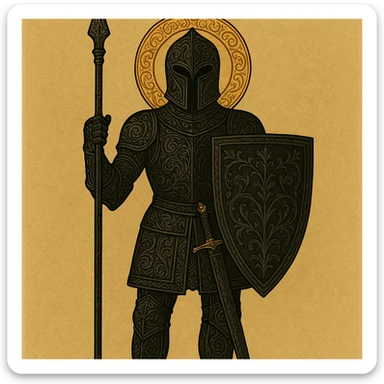 Add more intricate and detailed armor engravings, emphasize ornate black metalwork, keep dramatic fantasy style. sticker