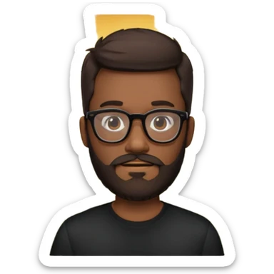 create a emoji man with beard black and dark brown hair , and glasses wooded color, sunkissed skin color, with a IA simbol and black shirt sticker