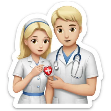 Blonde nurse examining male patient lower half sticker