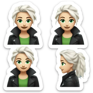 young woman with white hair in messy bun wearing a leather jacket with blue green eyes playful smirk sticker