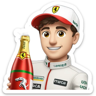 Charles Leclerc with ferrari cap spraying champagne sticker