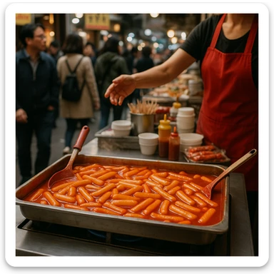 tteokbokki street food stall, tray of rice cakes, bustling atmosphere sticker