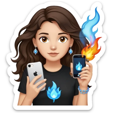 brunette girl with wavy medium length hair, brown eyes, light/medium skin tone, holding iPhone and light phone, wearing black tee shirt with flame pattern on it, small silver hoop earrings with blue gem stars, and colorful beaded charm necklace sticker