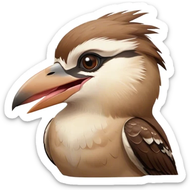 Cinematic Cute Yawning Kookaburra Portrait Emoji, Head tilted slightly with a dramatic, wide-open yawn, showcasing a soft, downy brown plumage with gently drooping wings and a relaxed beak, round eyes barely open in drowsy contentment, Simplified yet irresistibly adorable features, highly detailed, glowing with a soft, cozy glow, high shine, relaxed yet expressive, stylized with a touch of bushland charm, bright and endearing, soft glowing outline, capturing the essence of a sleepy yet affectionate kookaburra, so drowsy it feels like it could flutter out of the screen and curl up for a nap! sticker