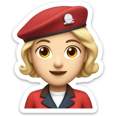 A white flight attendant in a red uniform and a red beret with brown eyes sticker