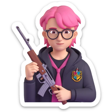 A punk guy with pink hair, wearing Harry Potter glasses, and holding an AK-47 sticker