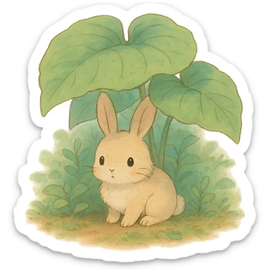 a bunny hiding under giant forest leaves, whimsical feel, soft pastel colors, ghibli style sticker